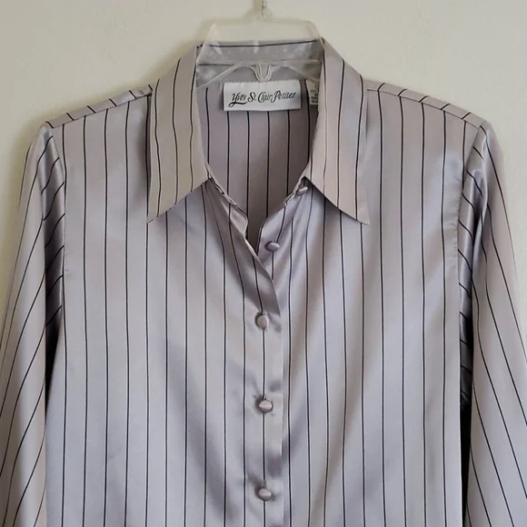 Yves St Claire Satin Silver Stripe Blouse 12P - Picture 2 of 11
